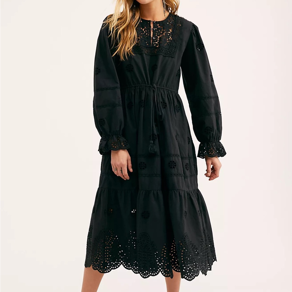 Free People Black Embroidered Long Sleeve Dress